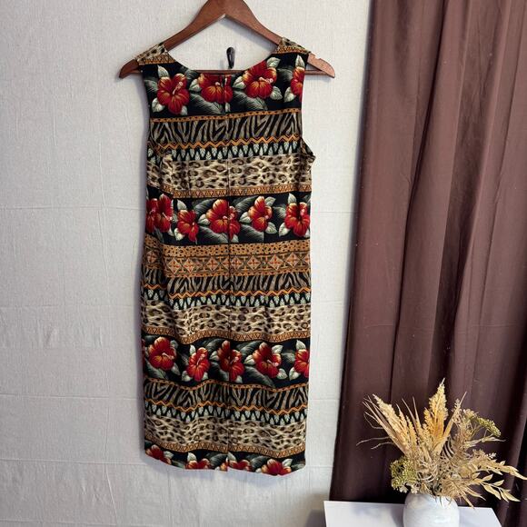 Kathie Lee Dress Size 8 Sleeveless Brown Red Floral Animal Print Tribal - Picture 6 of 9